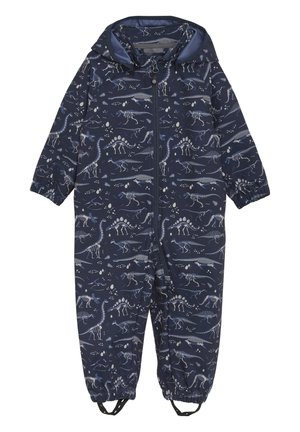 Navyblaue Latzhose mit Dinosaurierskelett-Druck, ausgestattet mit einem durchgehenden Reißverschluss, elastischen Bündchen und einer Kapuze. Hergestellt aus wasserdichtem Material.