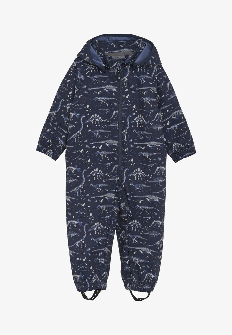 Navyblaue Latzhose mit Dinosaurierskelett-Druck, ausgestattet mit einem durchgehenden Reißverschluss, elastischen Bündchen und einer Kapuze. Hergestellt aus wasserdichtem Material.