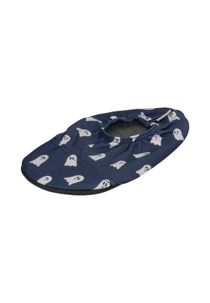 Navy blue fabric shoe cover with elastic opening, decorated with white ghost patterns, shown against white background.