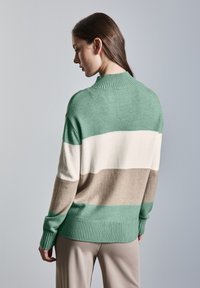 Maglione lavorato a maglia nelle tonalità verde, bianco e beige a righe. Presenta un collo alto a costine e polsini a costine, con una vestibilità morbida e una superficie texturizzata.