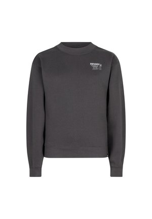 Mørkegrå sweatshirt med rund halsudskæring, ribbede manchetter og kant. Har hvid tekstlogo på brystet. Blødt stof.
