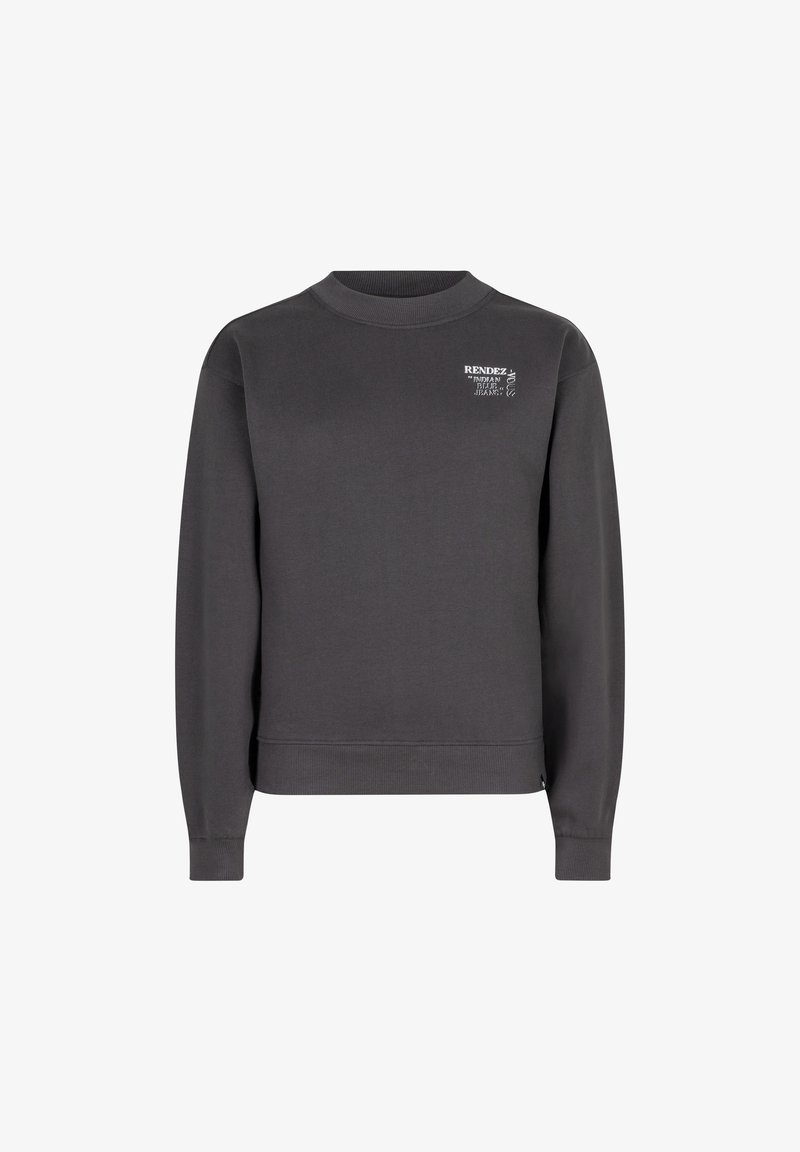 Dunkelgrauer Sweatshirt mit rundem Halsausschnitt, gerippten Bündchen und Saum. Mit weißem Textlogo auf der Brust. Weicher Stoff.