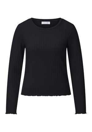 Schwarzes geripptes Langarmtop mit rundem Ausschnitt und gewelltem Saum. Hergestellt aus elastischem Stoff für eine figurschmeichelnde Passform. Einfaches Design, geeignet zum Schichten.