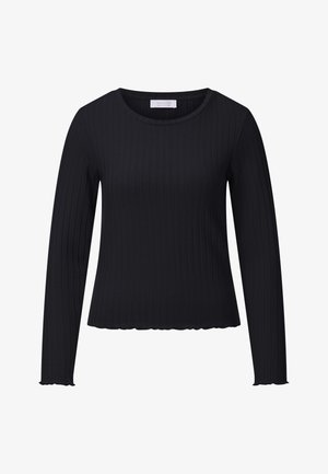 Musta ribattu pitkähiha-shoppari, jossa on pyöreä kaula-aukko ja aaltoileva helma. Valmistettu stretch-kankaasta, joka antaa tiukan istuvuuden. Yksinkertainen muotoilu, sopii hyvin kerroksittain käytettäväksi.