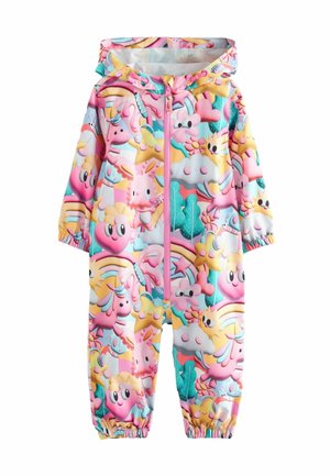 Bunt gemusterter Overall mit verspielten Cartoon-Designs in Pink, Gelb und Teal, vorne mit Reißverschluss und elastischen Bündchen.