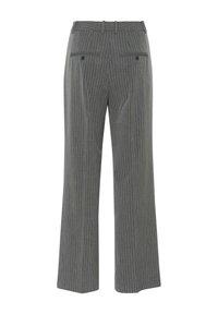 Gray pinstriped trousers with a wide-leg design, made of textured fabric, featuring two back pockets and a flat front.