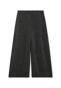 Culotte a vita alta e gamba larga in tessuto grigio scuro con un sottile motivo testurizzato e linee pulite, dotati di chiusura frontale nascosta.