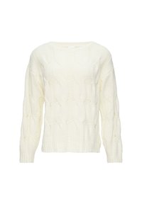 Maglione beige lavorato a maglia a cavi con maniche lunghe, scollatura rotonda e orlo a coste. Presenta un motivo testurizzato in tutto il capo per un tocco di dettaglio in più.