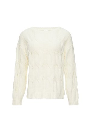 Cremfarbener Kabelstrickpullover mit langen Ärmeln, rundem Ausschnitt und geripptem Saum. Verfügt über ein Strukturmuster für zusätzlichen Detailreichtum.