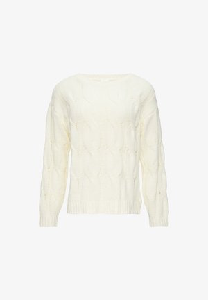 Cremfarbener Kabelstrickpullover mit langen Ärmeln, rundem Ausschnitt und geripptem Saum. Verfügt über ein Strukturmuster für zusätzlichen Detailreichtum.