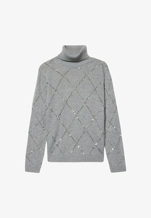 Grijze coltrui van zacht gebreid materiaal, met een diamantpatroon omlijnd met pailletten. Geribbelde manchetten en zoom.
