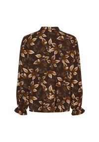 Brun blomstret skjorte med knap, der har et bladmønster i beige og blå, med lange ærmer og samlet manchetter. Glat stofstruktur.