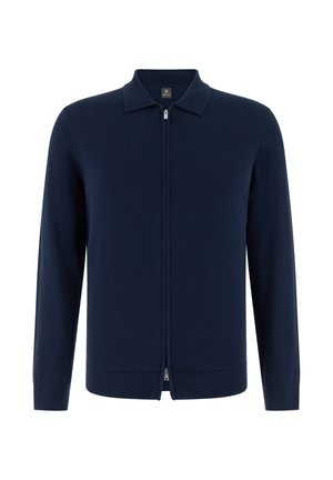 Marineblauer, langärmeliger Zip-up-Cardigan mit Kragen, gerippten Bündchen und Saum, vor weißem Hintergrund präsentiert.