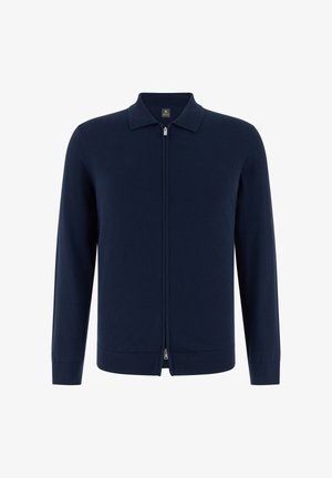 Námořnicky modrý dlouhý zipovaný kardigan s límečkem, žebrovanými manžetami a lemem, zobrazený na bílém pozadí.