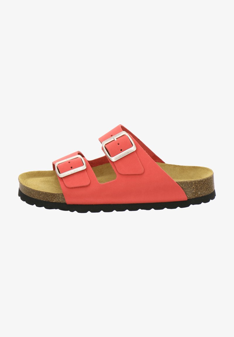 Coral slide sandal with two adjustable straps and silver buckles, cork footbed, and black rubber outsole. Smooth surface texture.