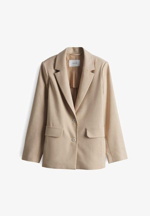 Beige blazer met een gestructureerde kraag, twee voorzakken en twee knopen. Gladde textuur en op maat gemaakte ontwerp voor een getailleerde uitstraling.