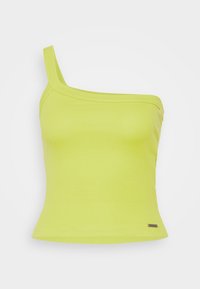 Top crop monospalla di un vivace verde lime, con texture a coste, design aderente e piccolo logo metallico vicino all'orlo.
