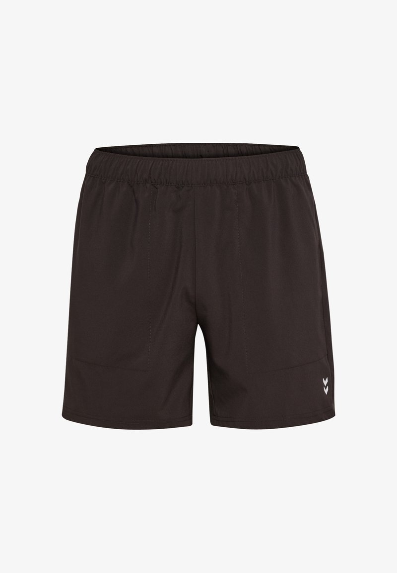 Czarne sportowe szorty z elastyczną talią. Posiadają dwie przednie kieszenie oraz małe białe logo na dolnej prawej nogawce. Gładka faktura materiału.