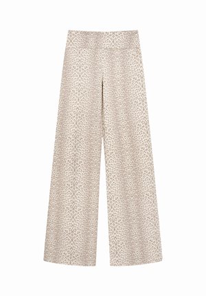 Spodnie o szerokich nogawkach z subtelnym wzorem w panterkę w odcieniach beżu i jasnobrązowego oraz wysokim pasem.