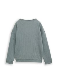 Waffle-knit green sweater featuring a relaxed fit, wide neckline, and long sleeves. The texture is raised, offering a cozy appearance.