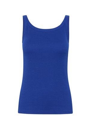 Top de algodón azul sin mangas con cuello redondo y tirantes finos. Textura suave y diseño ajustado, sin patrones ni adornos.