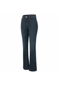 Jeans bootcut taille haute bleu foncé avec bouton, fermeture éclair à l'avant et design cinq poches.