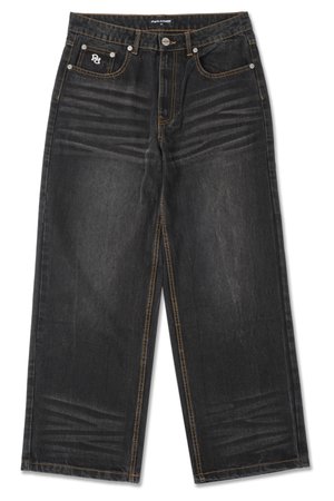 Black denim jeans with a wide-leg design, featuring contrasting orange stitching and a simple logo on the front pocket.