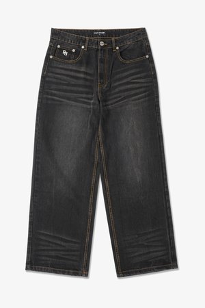 Black denim jeans with a wide-leg design, featuring contrasting orange stitching and a simple logo on the front pocket.
