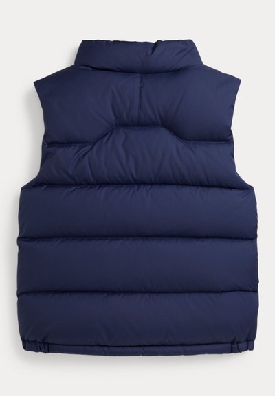 Laivastonsininen hihaton toppaliivi, jossa vaakasuora tikkaus ja korkea kaulus, kuvattu takaa valkoisella taustalla.