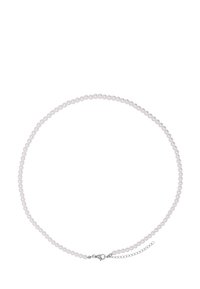 Pearl necklace featuring small, round, white pearls with a smooth texture and a silver lobster clasp with an extension chain.