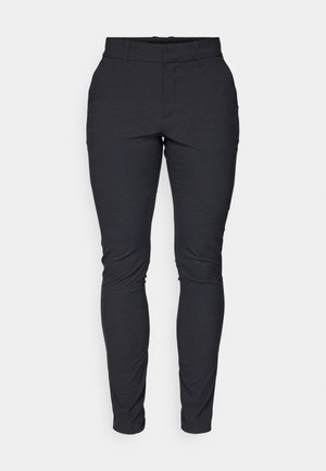 Black, slim-fit trousers made of stretch fabric. Features a waistband, belt loops, and a front zipper with a button. No visible patterns.
