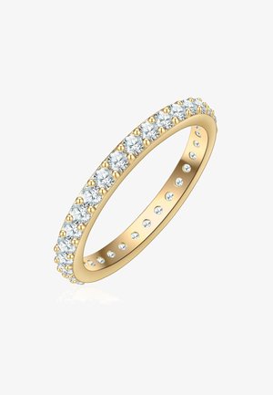 Gouden ring met een rij sprankelende ronde diamanten aan de buitenrand, met kleine gouden accenten en een gladde binnenband.