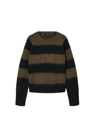 Sweter w paski w ciemnozielonych i brązowych odcieniach, wykonany z miękkiego, textured materiału. Posiada okrągły dekolt oraz ściągacze na mankietach i u dołu.