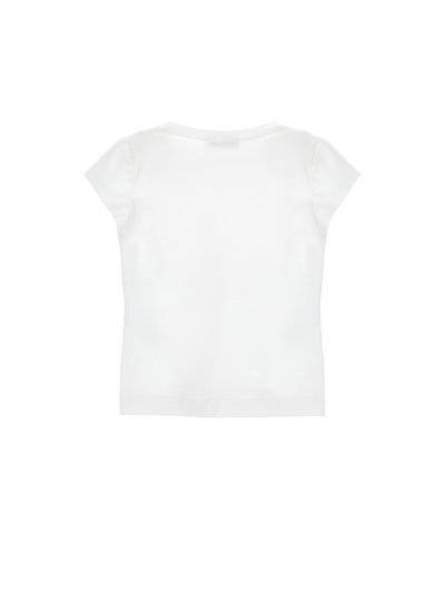 Απλό λευκό T-shirt με κοντά μανίκια και στρογγυλή λαιμόκοψη, εμφανιζόμενο από πίσω, με απλή ευθεία ραφή στο κάτω μέρος, σε λευκό φόντο.