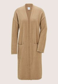 Langer beiger Cardigan mit offener Vorderseite, langen Ärmeln und zwei Vorderaschen, aus weichem, strukturiertem Stoff.