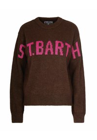 Maglione lavorato a maglia marrone con grandi lettere rosa che scrivono "S.T. BARTH" sulla parte anteriore; polsini e orlo a coste per un tocco di texture.