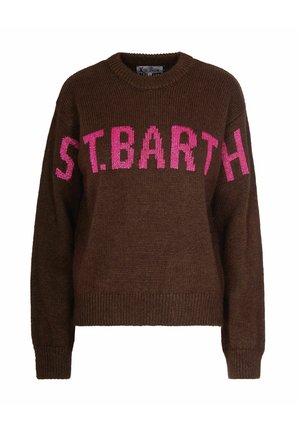 Maglione lavorato a maglia marrone con grandi lettere rosa che scrivono "S.T. BARTH" sulla parte anteriore; polsini e orlo a coste per un tocco di texture.