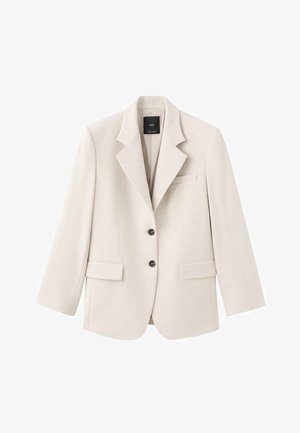 Blazer beige à revers crantés, deux poches avant, fermeture à un bouton, et deux boutons noirs. Tissu lisse avec une coupe ajustée.