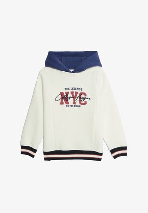 Biała bluza z kapturem w kolorze niebieskim. Posiada napis "NYC College League ESTD. 1996" drukowany na czerwono i granatowo. Ribbed cuffs and hem z wzorem w paski.