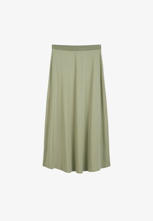 Een relaxte midi-lengte rok in saliegroen, gemaakt van zachte, gladde stof met een elastische tailleband voor comfort.