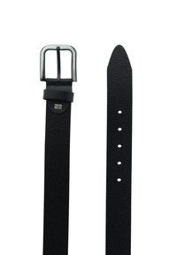 Cintura in pelle nera con finitura strutturata, fibbia in metallo argentato e fori di regolazione lungo la cintura per versatilità di taglia.