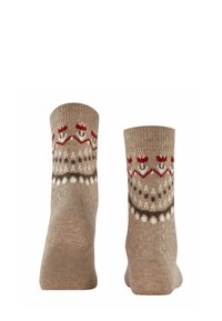 Calze di lana di colore marrone chiaro con un risvolto decorato da un motivo rosso e bianco, e una finitura morbida e testurizzata.