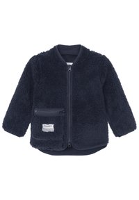 Navyblaue Fleecejacke mit weicher Textur, mit Reißverschluss vorne und rundem Kragen. Verfügt über eine linke Brusttasche mit sichtbarem Etikett.