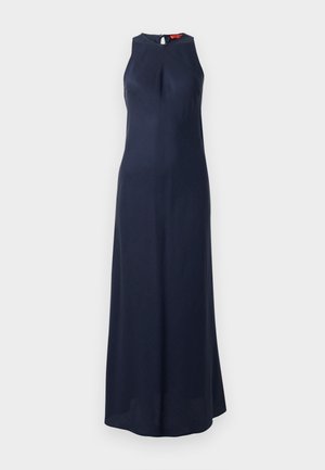 Robe sans manches bleu marine avec un col haut, détail de dos à trou de serrure, et une silhouette longue et fluide en tissu lisse.