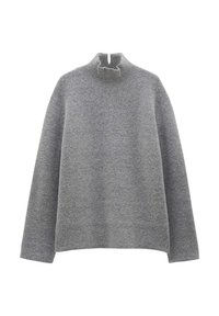 Grauer Strickpullover mit einem hohen, gerafften Kragen, langen Ärmeln und einer kastigen Form. Weiche Textur mit einem dezenten Melange-Muster.