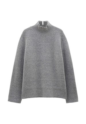 Pull en tricot gris avec un col haut à volants, des manches longues et une coupe carrée. Texture douce avec un motif chiné subtil.