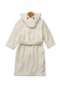 Accappatoio bianco e morbido con cappuccio a forma di anatra, caratterizzato da un becco marrone, maniche lunghe e una cintura annodata in vita. Tessuto soffice in tutto il capo.