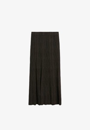 Schwarzer plissierter Midirock mit geradem Bund und feiner vertikaler Struktur, für eine lockere Passform entworfen.