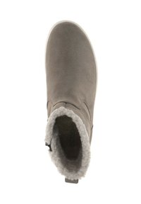 Grå ankelstøvle med en glat overflade, faux fur-foring og en rund tå. Har en bageste pull-tab og en tekstureret gummisål.