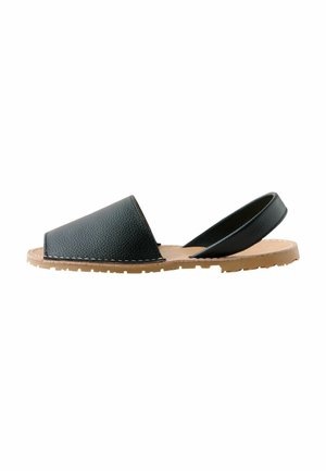 Sandale noire en cuir à bout ouvert avec semelle beige, avant fermé et bride à l’arrière, présentée de profil sur fond blanc.